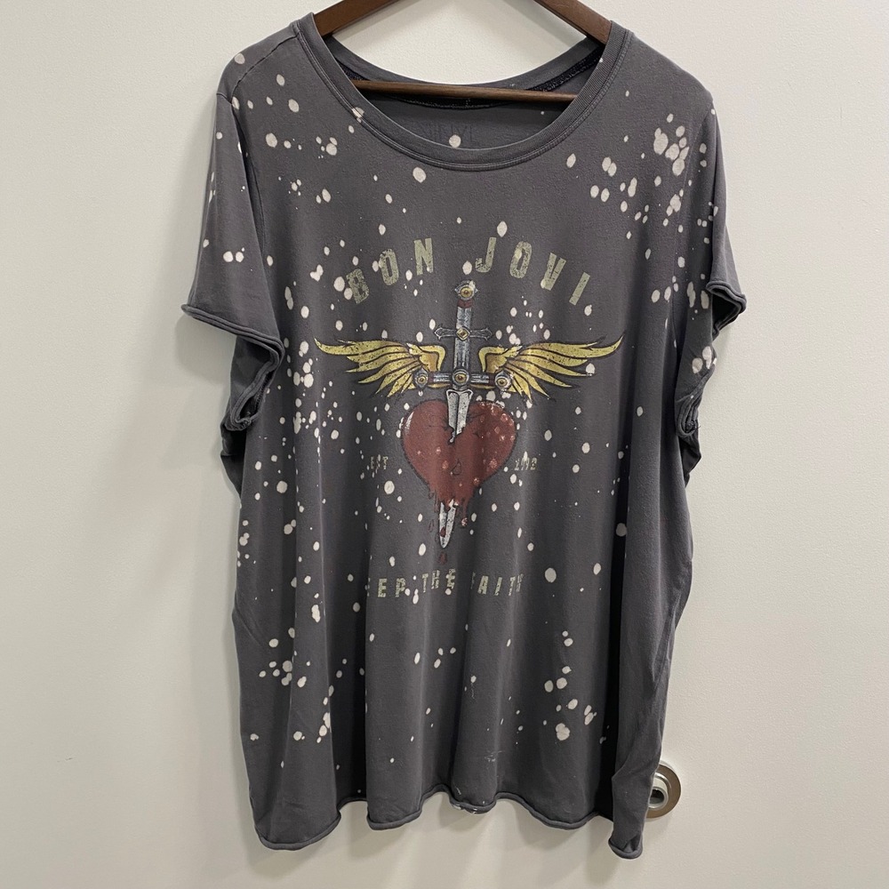 Bon Jovi Graphic Tee Women XL Gray Bleach Splatter Rock Band Keep The Faith